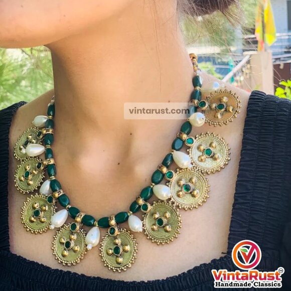 Pearls and Beads Jewelry Set, Handmade Coins Jewelry Set With Glass Stones, - Picture 3 of 12